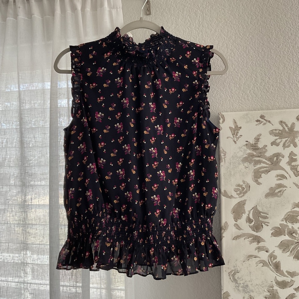 J. Crew Black Sleeveless Floral Ruffled Neck Blouse